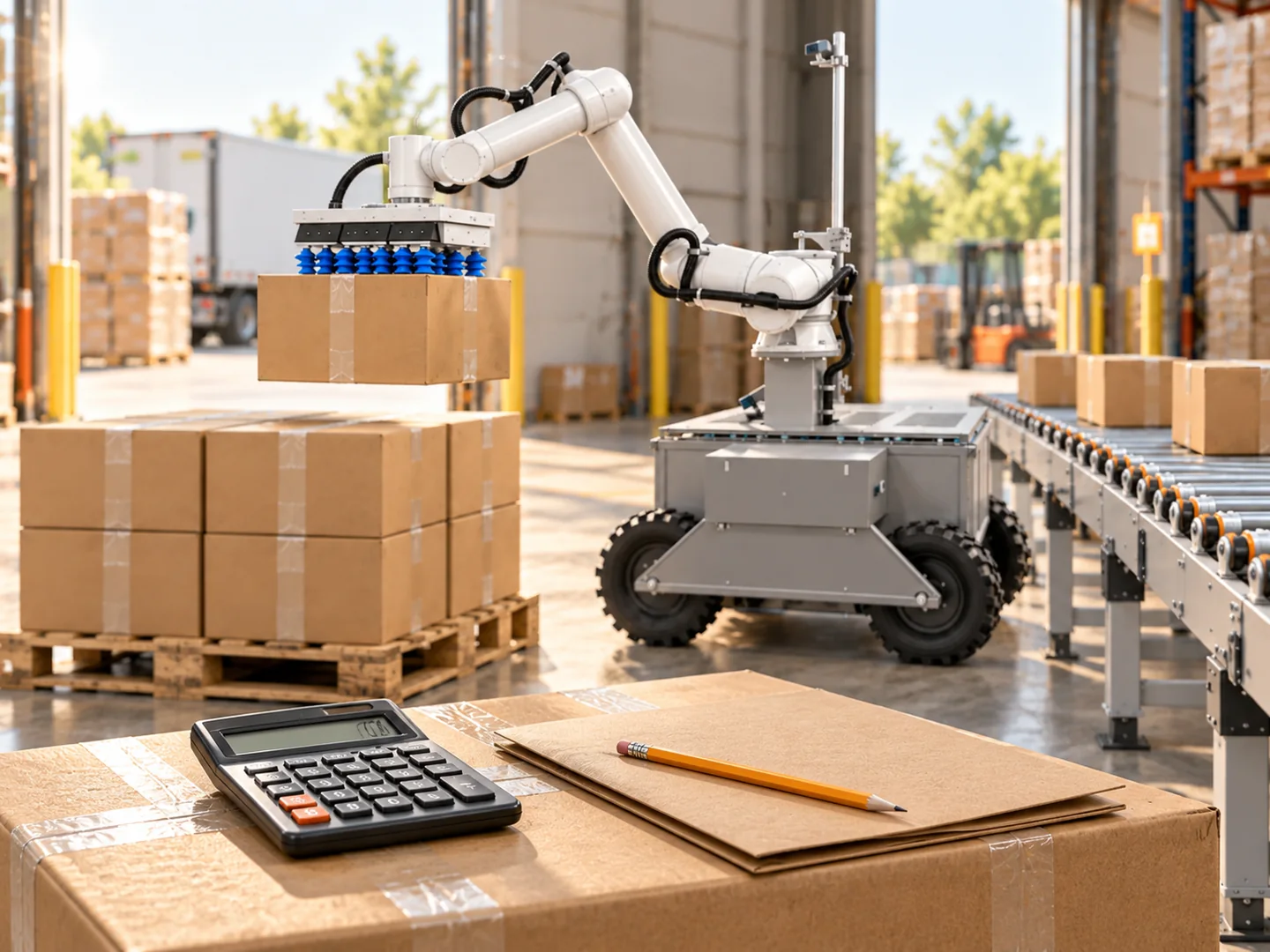 Illustration of a calculator and project folder beside a warehouse carton-handling robot.