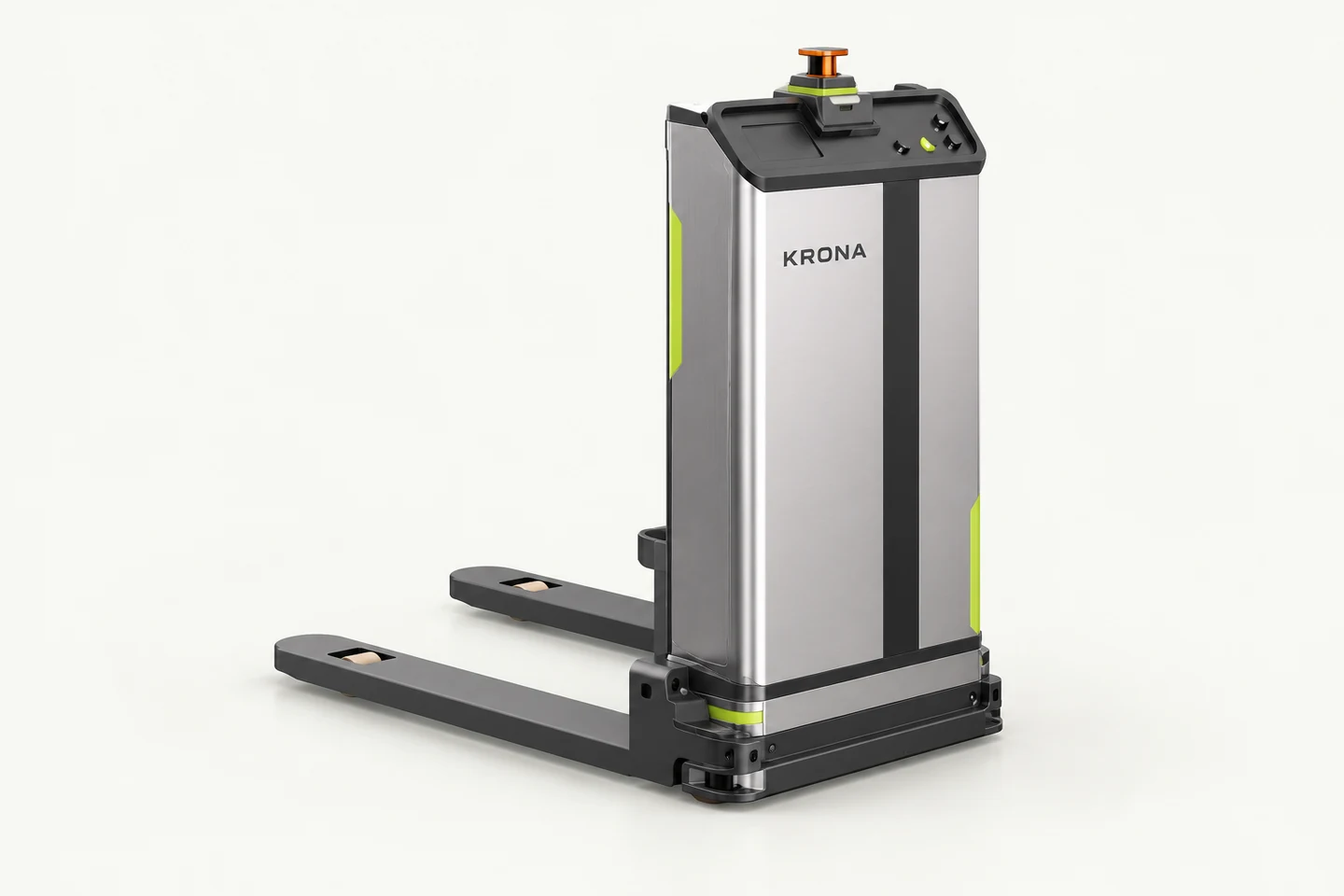 Generated KRONA fork-type AGV concept with forward forks, sensor tower and white body with lime details