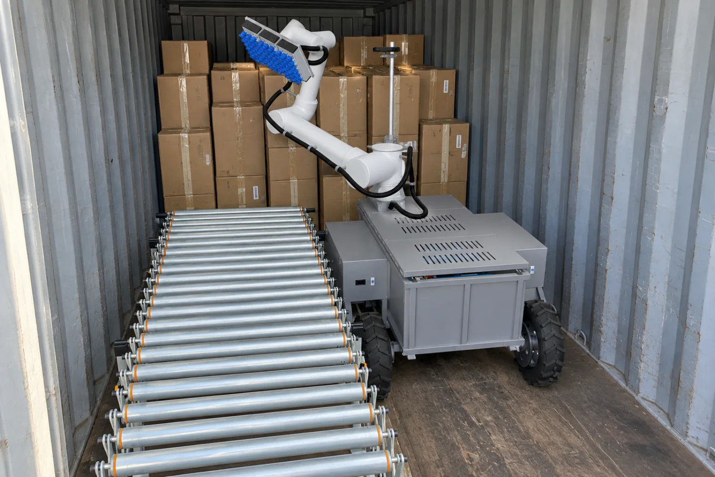 KRONA U1 robotic unloading system beside a container and conveyor