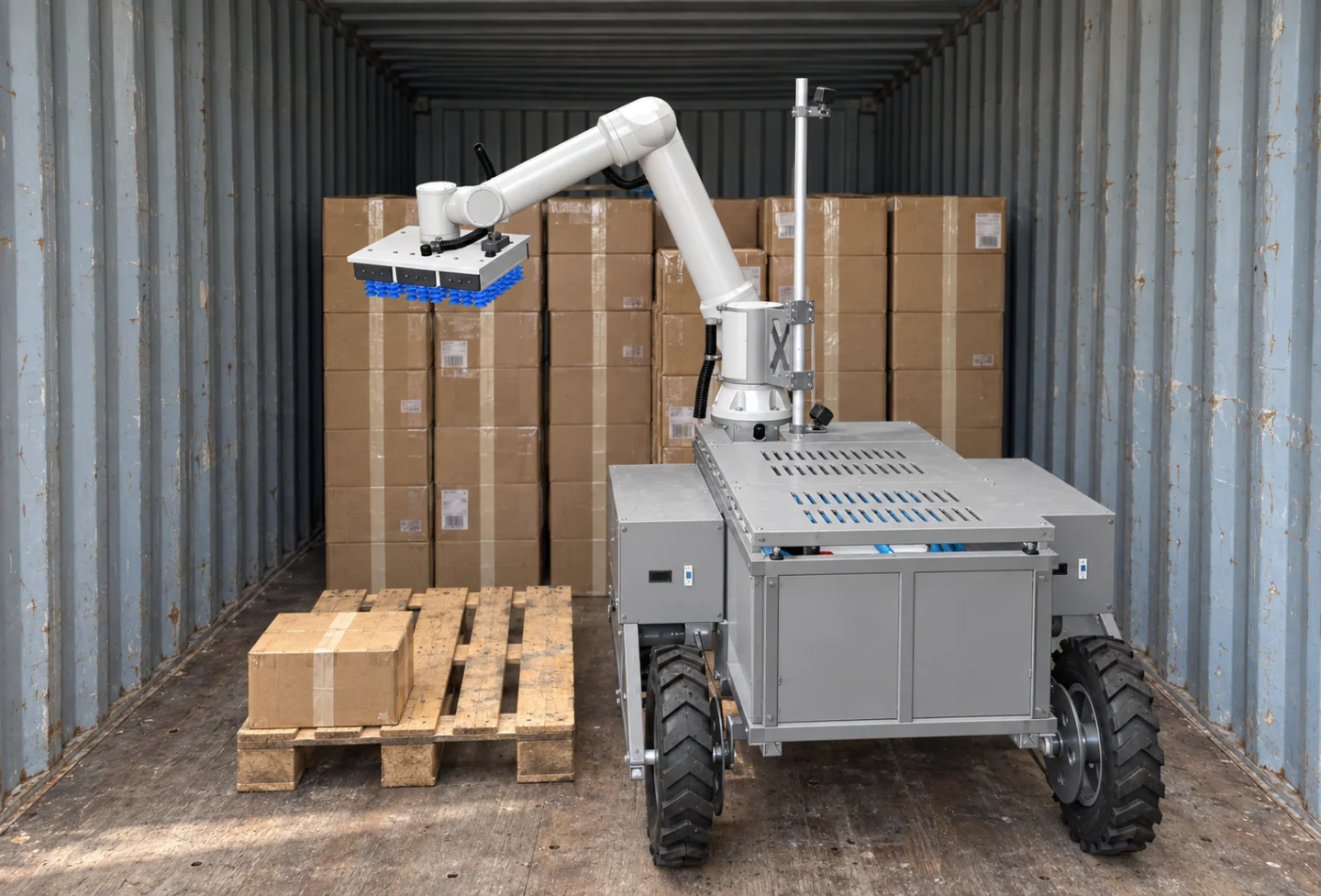 Mobile KRONA U1 beside a pallet with a carton inside a container
