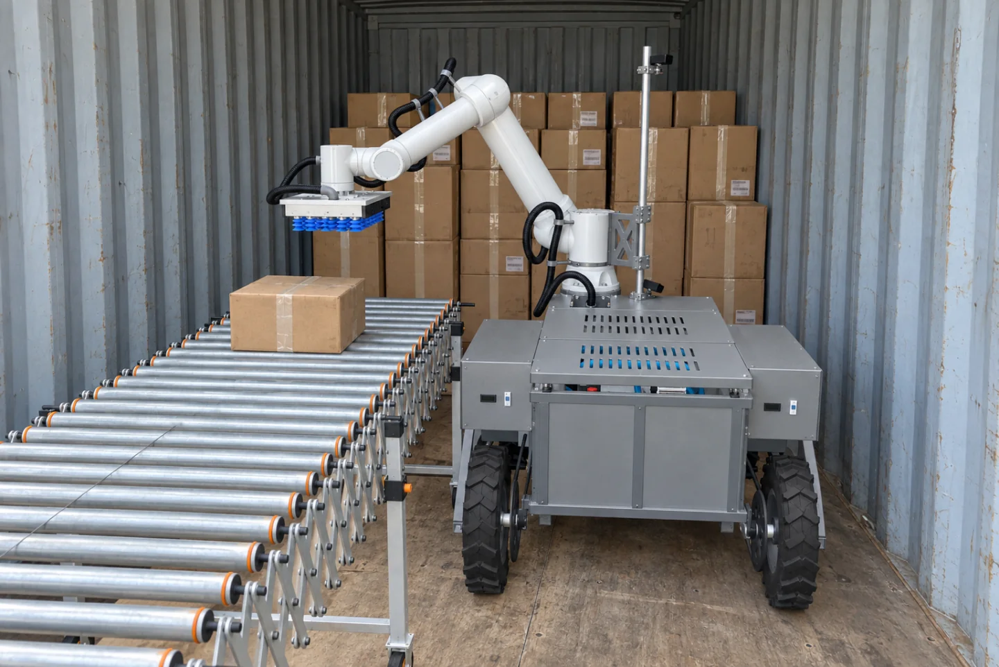 Mobile KRONA U1 transferring a carton onto a conveyor